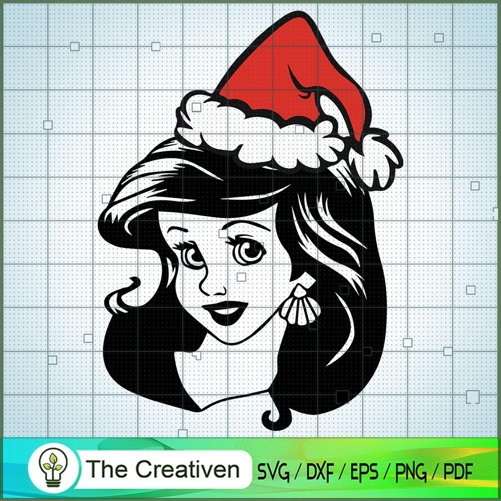 Ariel Princess Christmas Hat SVG, Disney Princess SVG, Christmas SVG 1 1 bw copy