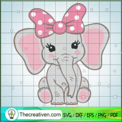 Cute Baby Elephant SVG, Pink Bow Elephant SVG, Cartoon Elephant SVG